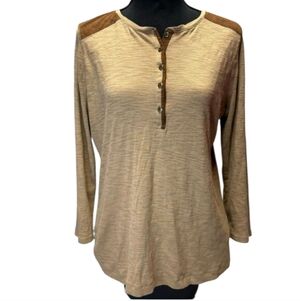 Lauren By Ralph Lauren Long Sleeve Shirt Tan Brown Quarter Button Up Top